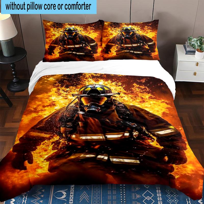 Firefighter Braving Flames 3pcs Bedding,Including 1pc Duvet Cover And 2pcs Pillowcases Perfect for Christmas,Ideal for Bedroom, Dormitory