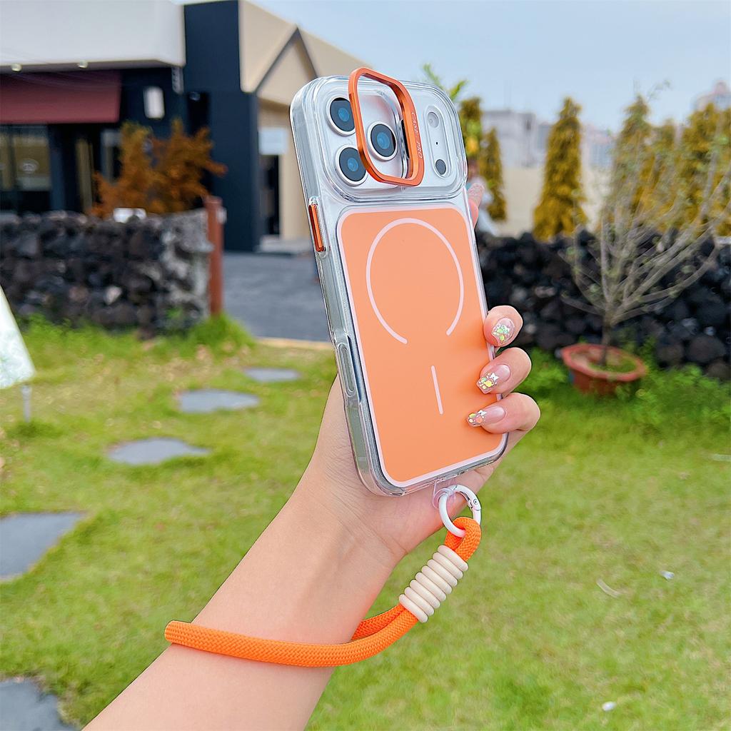 For iPhone 17 Pro Case Compatible with MagSafe Lens Kickstand TPU Acrylic Phone Cover with Matching Hand Strap