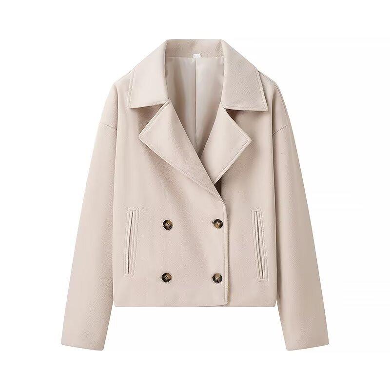 European and American French style, women's clothing, new fashionable versatile double-breasted short woolen coat