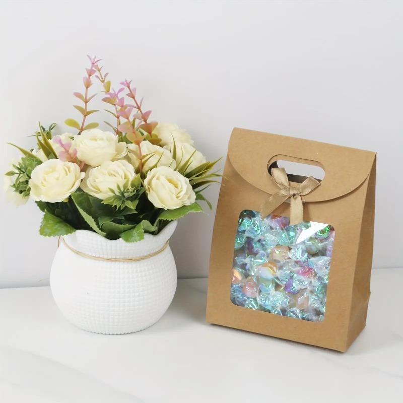30PCS Elegant Kraft Paper Gift Bags with Clear Window and Sturdy Brown Cardboard Back - Standing Design, Rounded Corners and Twine Closure