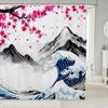 Japanischer Duschvorhang Rosa Kirschblüte Badezimmervorhang, Meereswellen-Badevorhang Fuji-Berg-Duschvorhang,