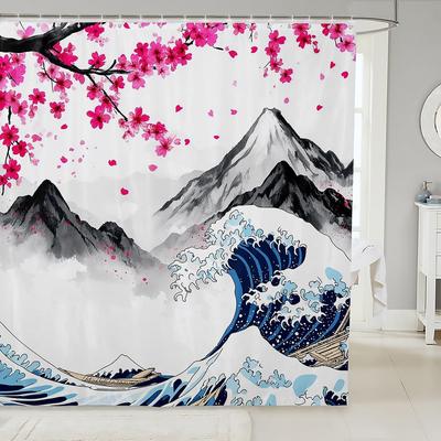 Japanischer Duschvorhang Rosa Kirschblüte Badezimmervorhang, Meereswellen-Badevorhang Fuji-Berg-Duschvorhang,