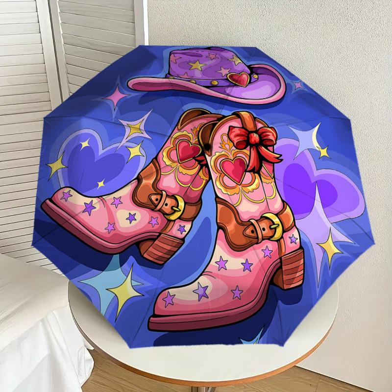 1pc Cowboy Boots Starry Hat Automatic Open/Close Umbrella with Windproof, 8-Rib Sturdy Canopy, Durable Ribs, Fashionable Design1149A