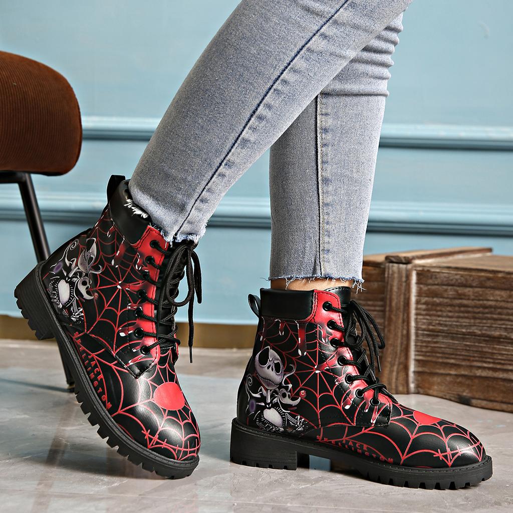 European and American foreign trade large size Halloween printed short leather boots women's round head thick heel front lace-up round head thick heel