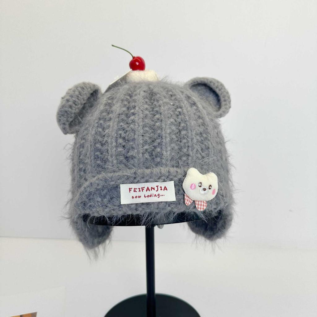 Cute Bear Ears Ear Protector Knitted Hat Women's Autumn and Winter Cherry Plush Wool Hat Student Thermal Pullover Hat