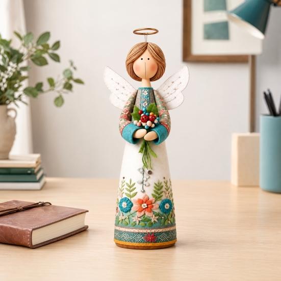 Hand-carved Decoration Vintage Floral Figurine Ornament, Hand Carved Flower Angel Statue, Decorative Figure with Wings Home Table for Living
