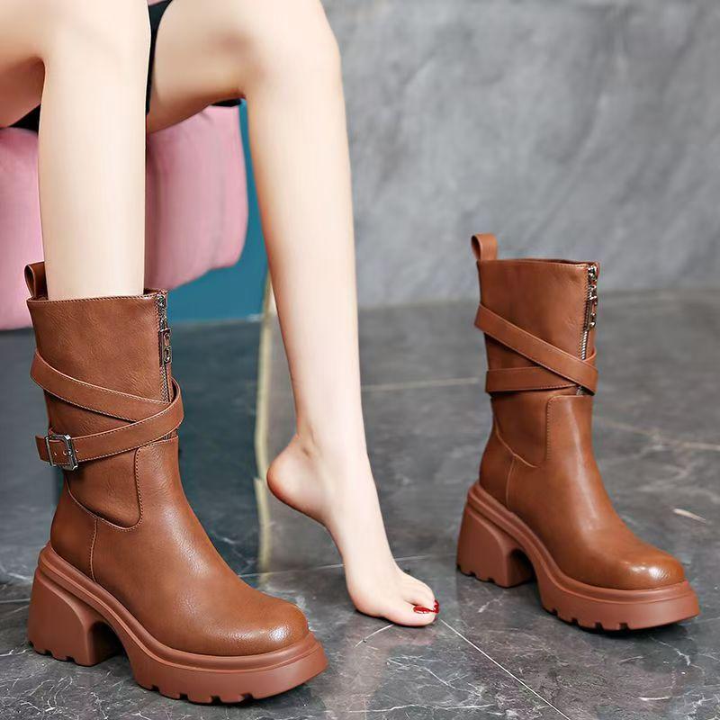 

Туфли на платформе и массивной подошве, женские, на высоком каблуке, модные, до середины голени, трендовые, зимние, женские, зимние, элегантные, туфли-лодочки, кожаные, Zapatos 40