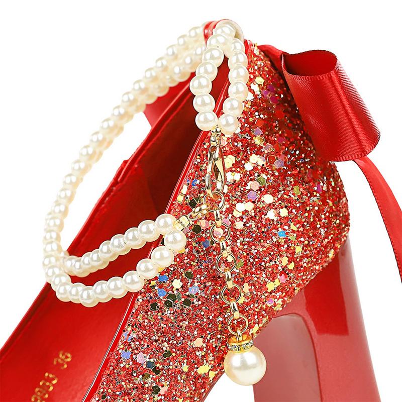 Shoes 2025 Pearl Chain Design Women Pumps Sequin Platform High Heels Square Head Thick Heeled Shoes with Women Heels