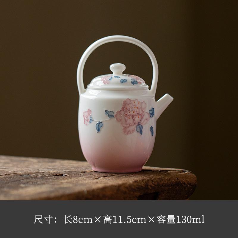 

130ml Hand-painted Peony Lifting Beam Teapot Elegant Tea Infuser Pot Tea Brewing Kettle With Filter Tableware Decoration Craft