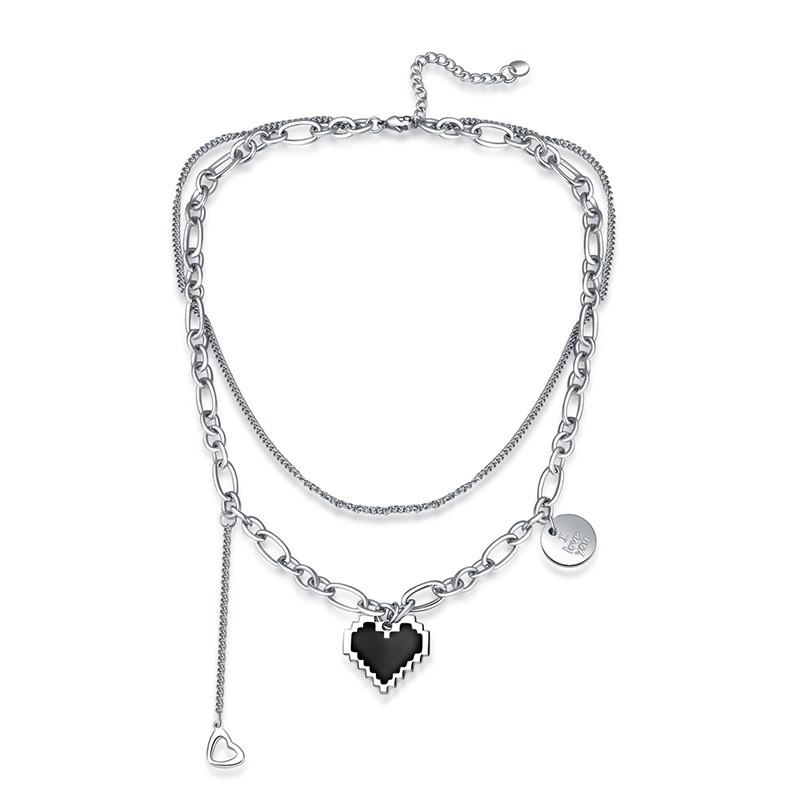 Elegant Titanium Steel Heart Necklace For Women With Double Layer Mosaic Design