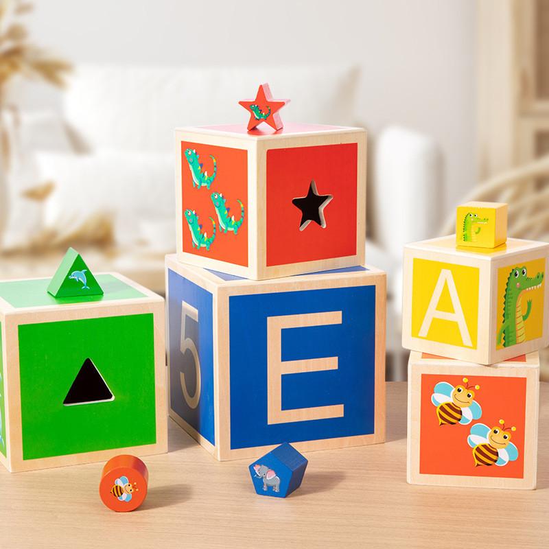 Color Multifunctional Wooden Shape Matching Stacking Box Kid Puzzle Toys
