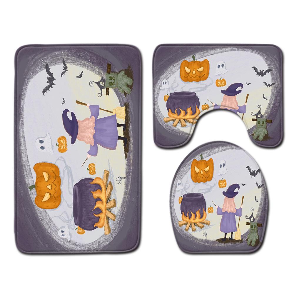 Halloween Shower Curtain Floor Mat Combination Four-Piece Set Bathroom Toilet Carpet Shower Room Foot Mat