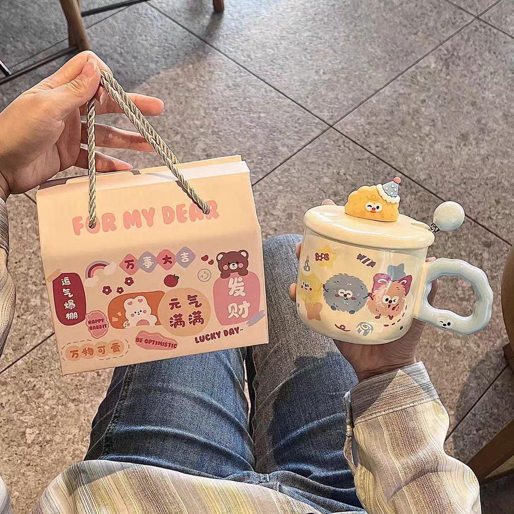 High Value Ins Mug with Lid Spoon Cute Ceramic Water Cup Girls Home Cup Office Coffee Cup