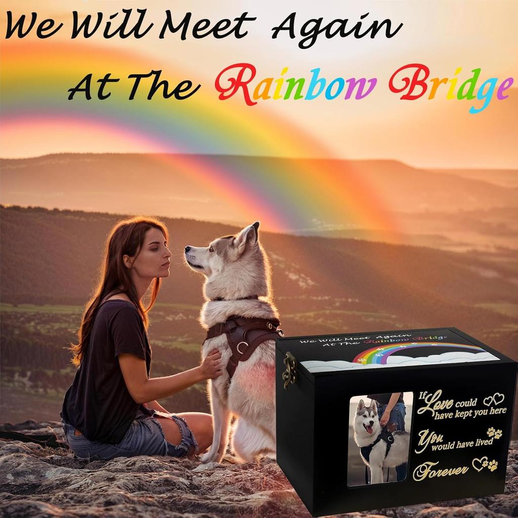 Sofunii Pet Urn for Ashes, Solid Wood Memorial Urn for Dogs & Cats, Rainbow Bridge Keepsake Cremation Box with Photo Frame, Pet Loss Remembrance Gift