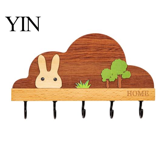Adhesive Wall Hooks Solid Wood Key Holder with 5 Hooks, Decorative Mounted for Leashes Rack, Space Saving Organizer Entryway Kitchen And Office Rack