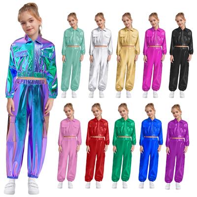 Kids Boys Girls Jazz Hip-Hop Street Dance Performance Costume Metallic Shiny Long Sleeve Athletic Jacket Coat with Pants Outfits