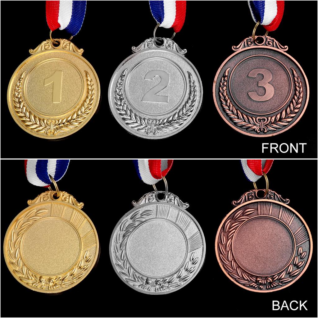 3 Pcs Set Metal Award Medals with Neck Ribbon Gold Silver Bronze  Style for Sports Academics or Any Competition Diameter 5.1cm