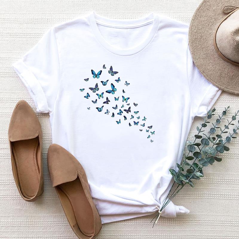 Taille européenne Femme Papillon Mignon Tendance Dessin Animé Mignon Impression Tee Haut Mode T-shirt Femme Vêtements T Manches Courtes T-shirts Graphiques