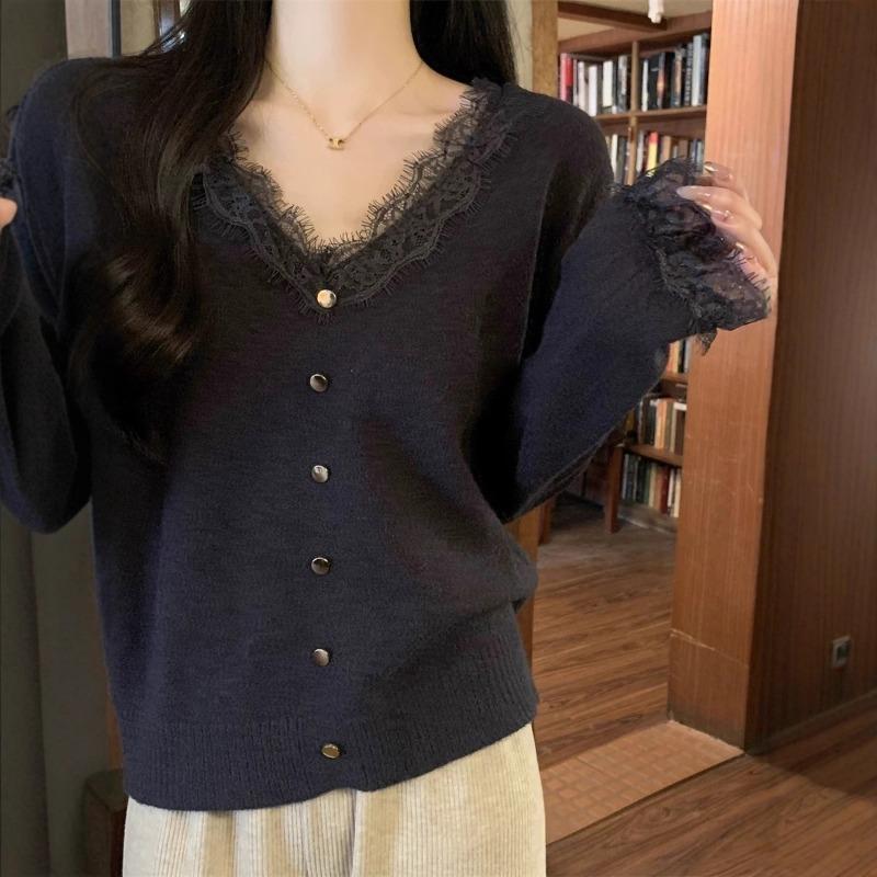 M Series Milk Fufu Lace Splicing V-neck Bottoming Shirt Women's Autumn and Winter Pure Desire with Sweater Soft Waxy Knitted Sweater Top