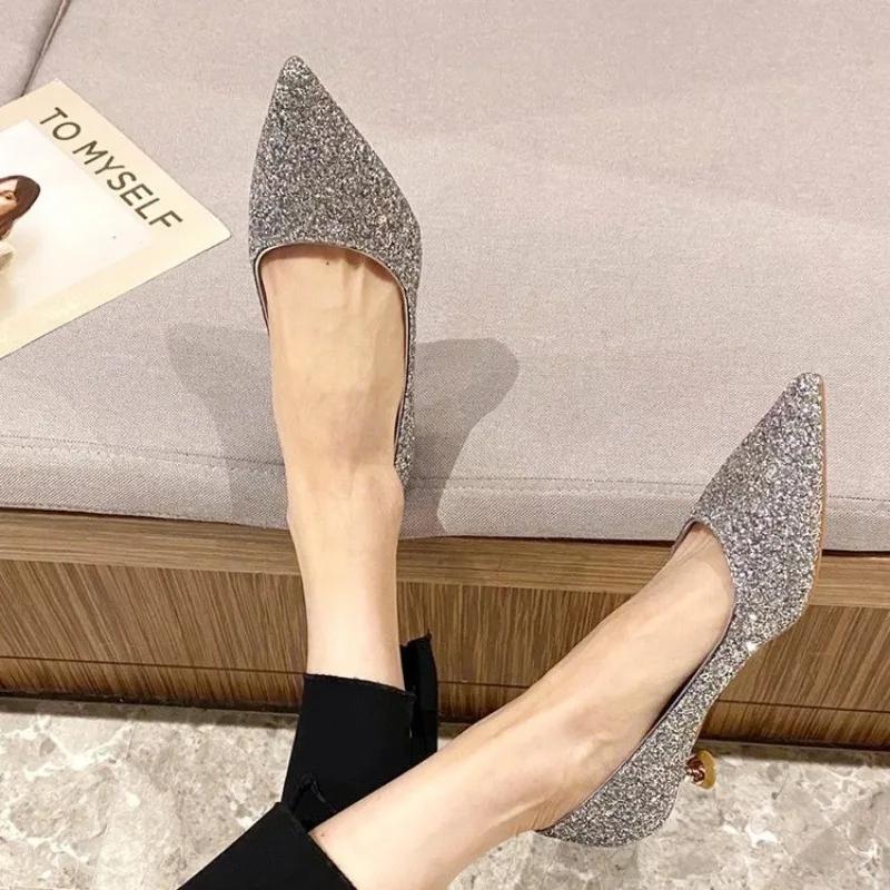 Women's Heeled Shoes 2026 New Style Fashion Versatile Sequined Women's Spring and Autumn Comfortable Pointed-toe Shoes Zapatos