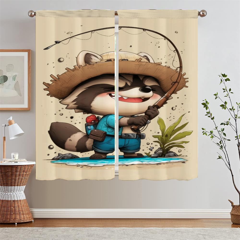 Sea Raccoon Youth Room Curtains for Living Room Fabric Curtain Tiebacks Blinds Bedroom Blackout Curtains 2 Pcs Set Curls Blind
