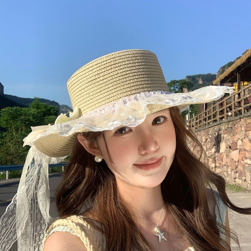 Flower Straw Hat Large Brim Wide Brim Hat Lolita Sun Hat Outdoor Activity