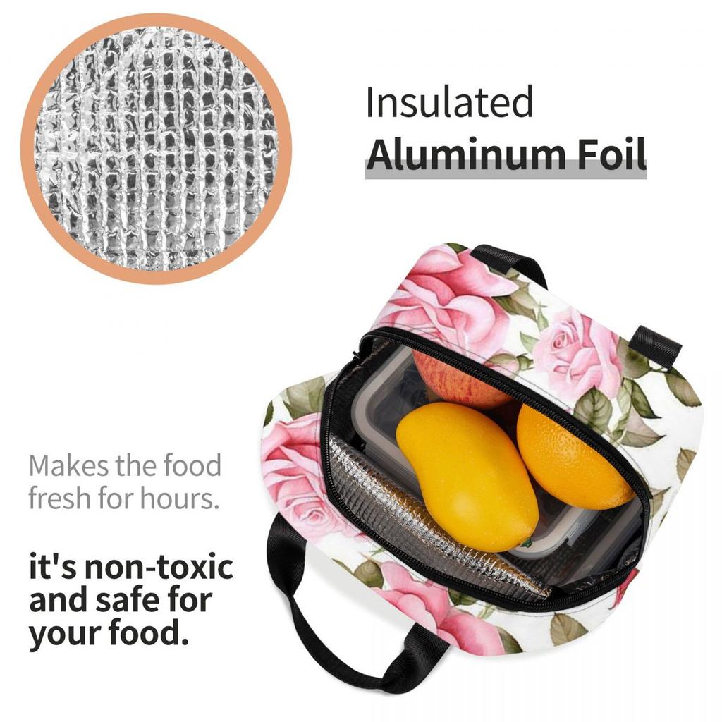 Pink Rose Watercolor Pattern Insulated Lunch Bag for Women Kids Portable Food Boxes Thermal Lunch Box Tote