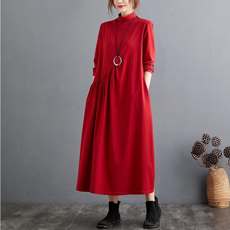 

2025 осень новый хлопковый базовый платье женское ретро свободное и стройнящее с длинным рукавом полувысокая горловина средней длины 2XL красный