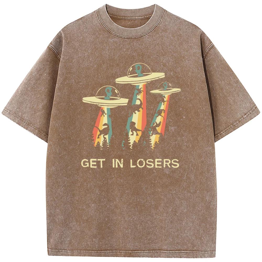 Dinosaur and Alien Spaceship Washed T-shirt Cotton Loose Casual T-shirt