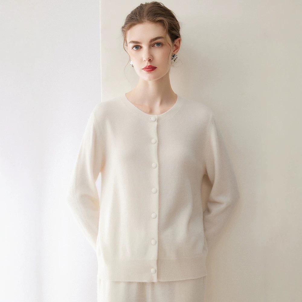Kangsai Ni Women's 100% Pure Cashmere Round Neck Cardigan - Autumn/Winter Knit Sweater Jacket