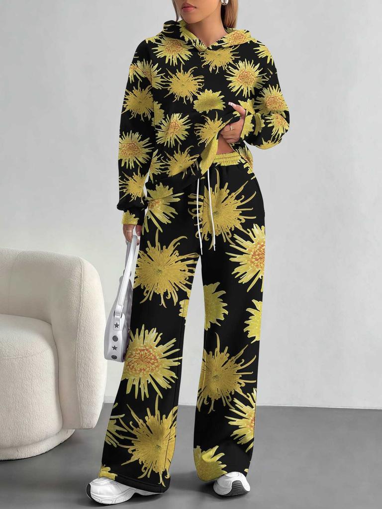 European And American Autumn And Winter Casual Long-Sleeved Suit Women'S Hooded Sweater Trousers Two-Piece Set Retro Elements
