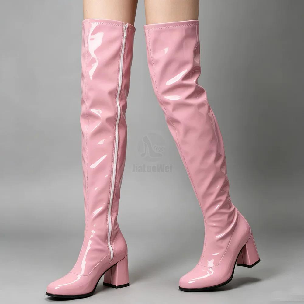 Botas Retro clásicas para mujer JIALUOWEI, botas sexis con cremallera por encima de la rodilla, botas hasta el muslo con tacón de bloque cuadrado, botas elegantes para fiesta de baile con brillo