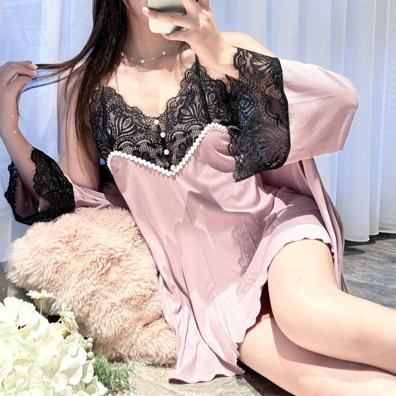 1011 autumn and winter new sexy suspender nightdress with chest pad two-piece set Modal lace sexy pajamas women