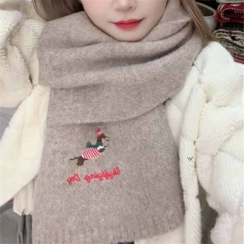 

Осенне-зимний однотонный шарф с вышивкой собаки из смесовой шерсти Новый универсальный теплый вязаный шарф для родителей и детей