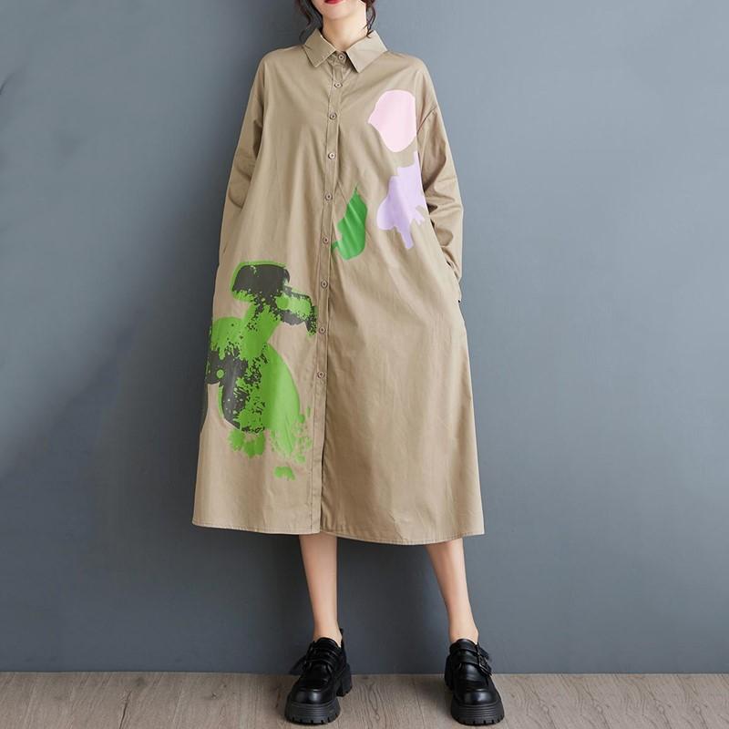 

Длинный рукав Плюс размер Хлопок винтаж новые платья для женщин повседневный свободный весна осень рубашка платье хаки