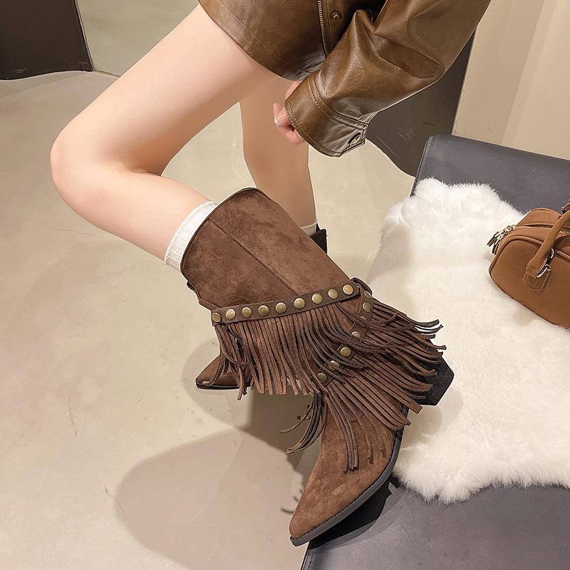 Maillard western cowboy boots retro slim boots fringed wasteland wind pointed thick heel Martin boots