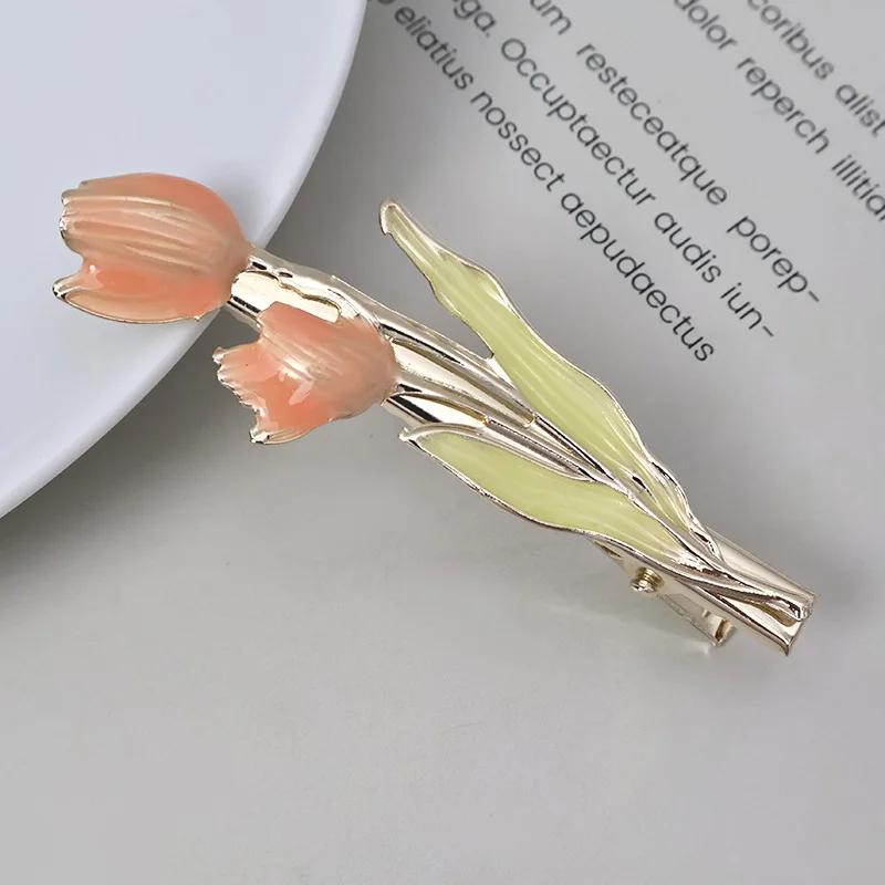 Metal Tulip Flower Hair Side Clip Fringe Bangs Duckbill Clip Women Girls Sweet Headwear Hairpin Hair Style Accessories