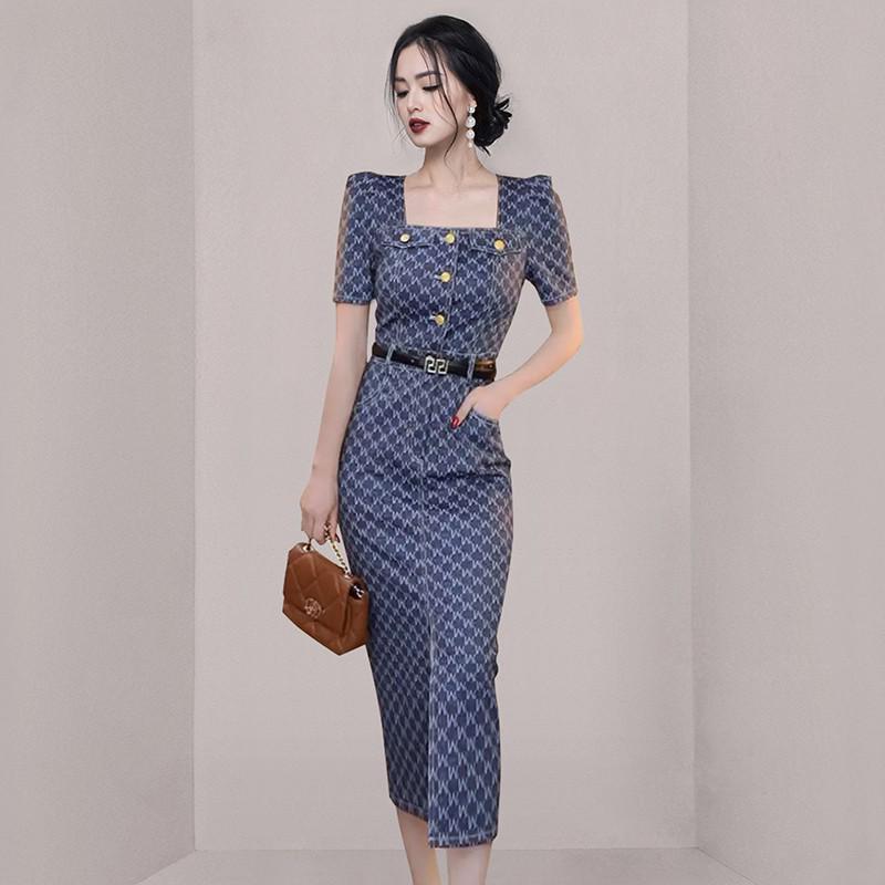 

Корейский королевский стиль квадратный вырез с поясом длинное платье с разрезом - Женская мода Extra Large