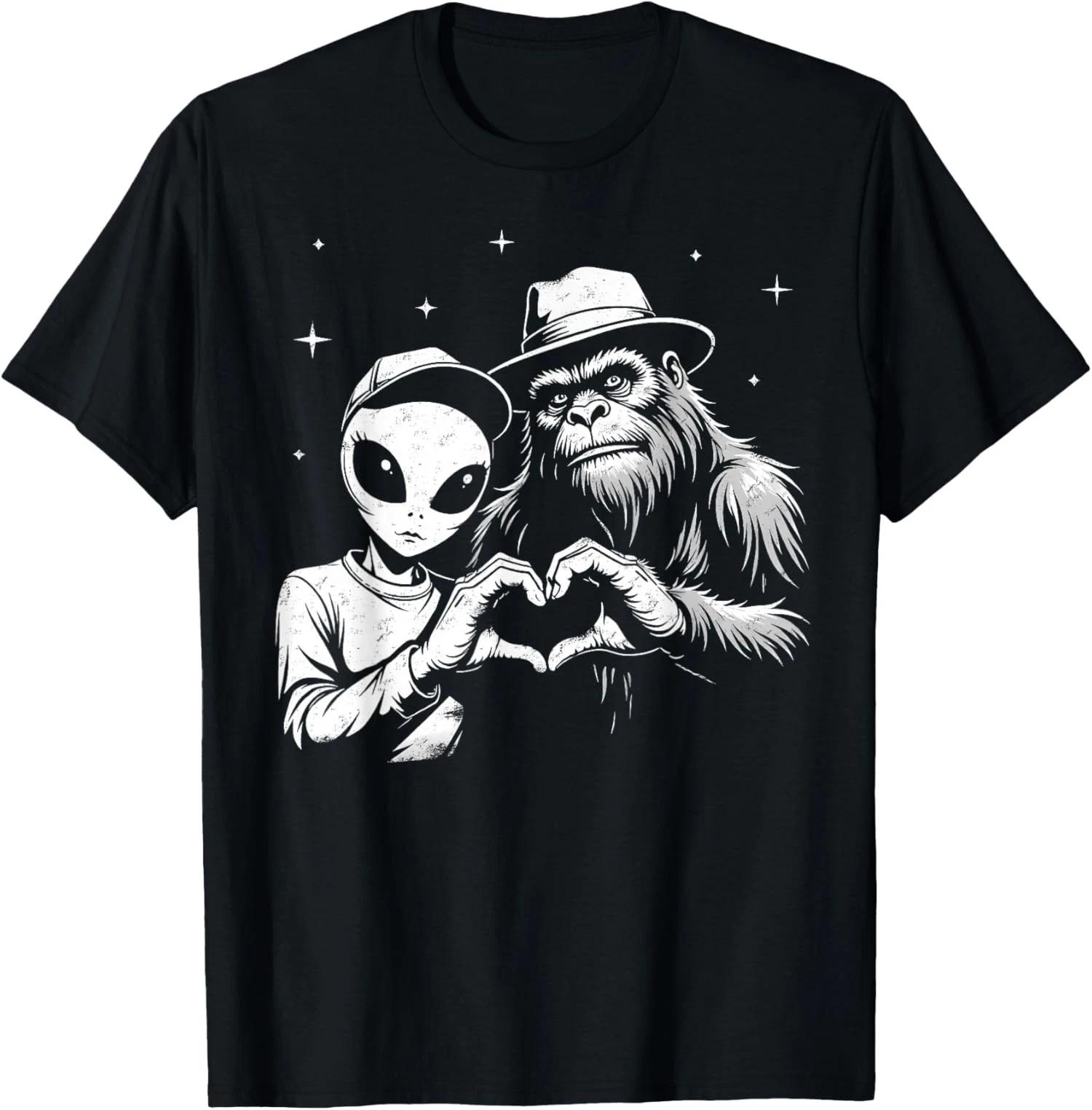 Bigfoot And Alien Love Hand Sign Funny Sasquatch Unisex 100% Cotton T-shirt Mens Tees Top 4XL