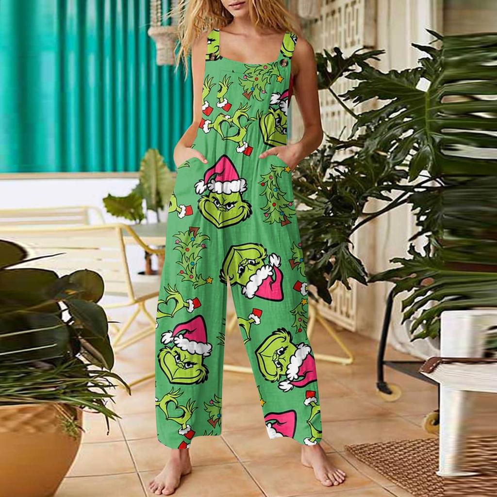 Women's Fashion Christmas  Print Casual Retro Sleeveless Button Jumpsuit