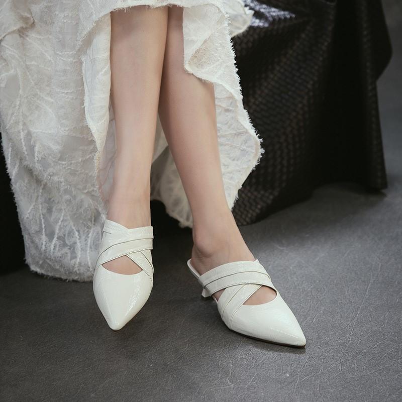 Johnature Temperament Spitse Neus Dunne Hak Slippers Echt Leer Modieus Veelzijdige Dames Slip-on Schoenen
