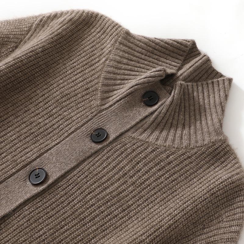 Lekasha Cashmere Half-High Neck Knit Cardigan with Pockets - Thickened Plain Color Top for Autumn/Winter.