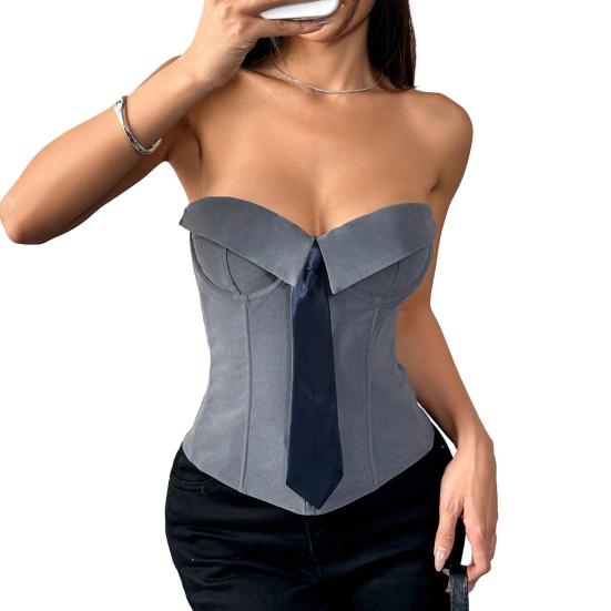 Sexy tílka bez ramene Umělá klopa Kravata Dekor Tílka bez rukávů Zavinovací design Slim Fit Trojrozměrně přizpůsobené dámské topy