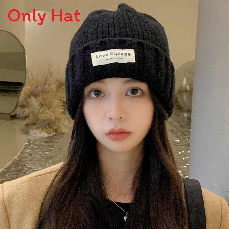 

College Style Knitted Hat For Women With Warm Fleece For Winter Outdoor Activities Black