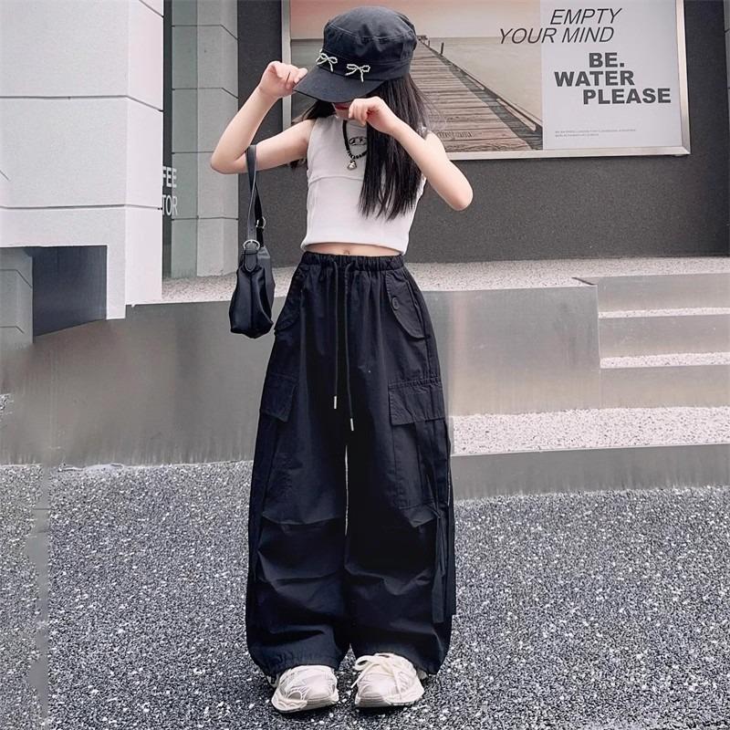 

Модные брюки карго с широкими штанинами для девочек 2025 - Универсальные длинные брюки для весны и осени 170cm чёрный