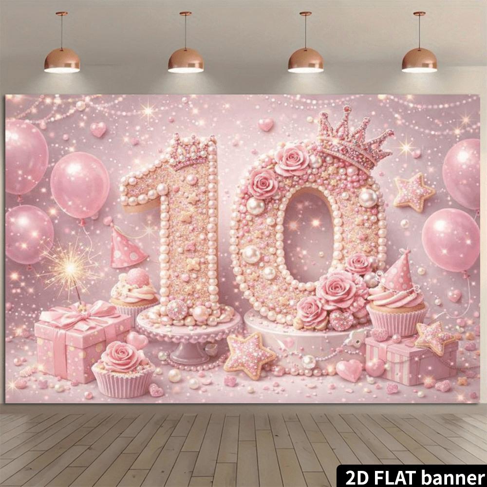 2D pozadí k 10. narozeninám - Růžové balónky a třpytivá číslice "10" a