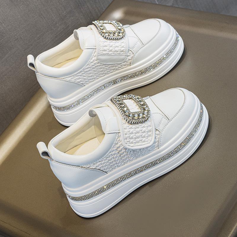 Women's 2025 Autumn White Rhinestone Casual Sneakers with Magic Tape and Petite Height-Boosting Thick Sole