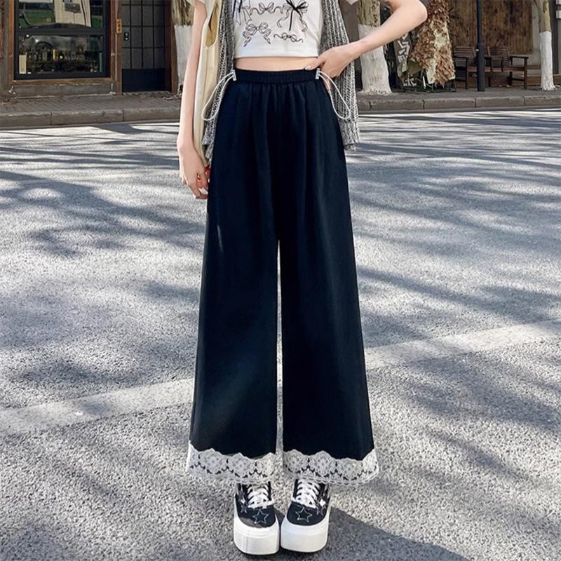 

Lace Straight Wide-Leg Drawstring Pants - Spring/Autumn 2XL чорний