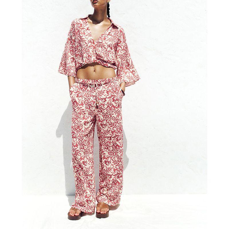 Print Vacation Style Lapel Casual Short Top 3408587 Vacation Style Print Wide Leg Pants 3401587