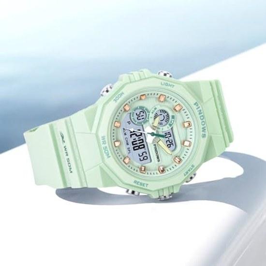 PINDOWS womens wristwatch 50M waterproof specification outdoor digital sports watch multifunctional LED backlight calendar alarm stopwatch.